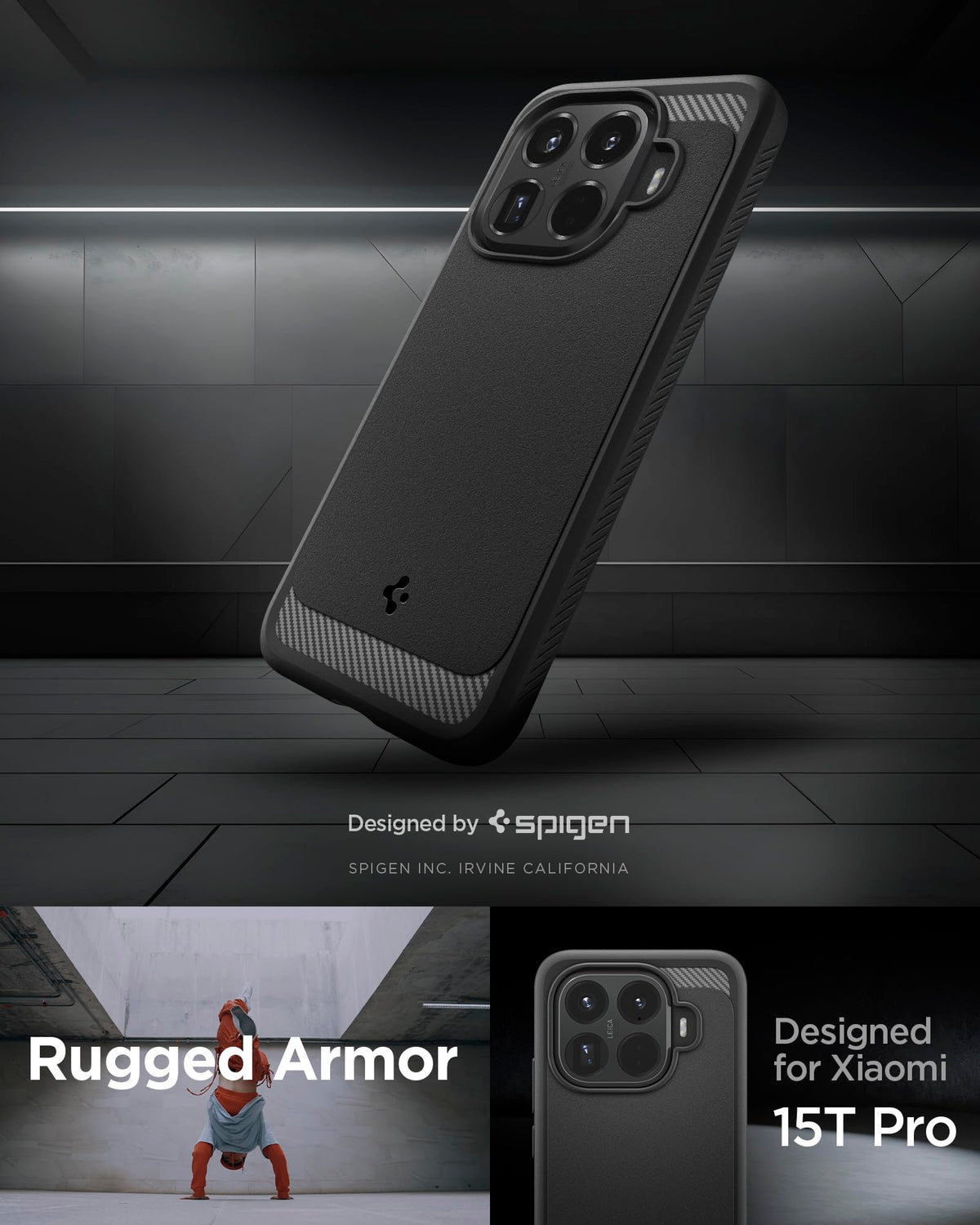 Spigen Xiaomi 15T Pro Case – Rugged Armor matte black back and side profile