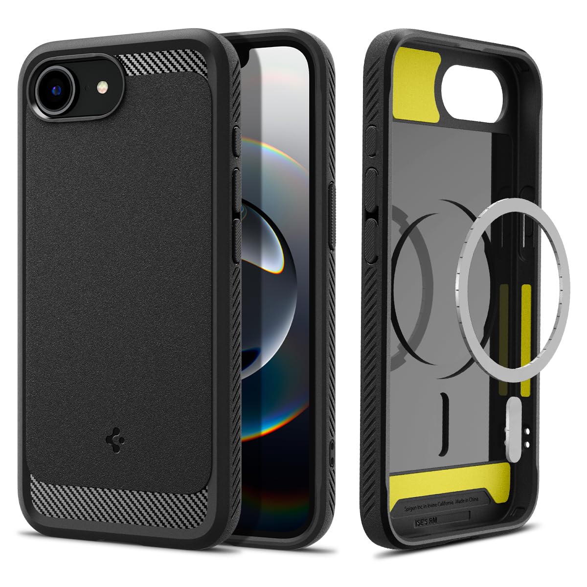 Spigen Rugged Armor MagFit case for iPhone 17e and iPhone 16e in Matte Black front view