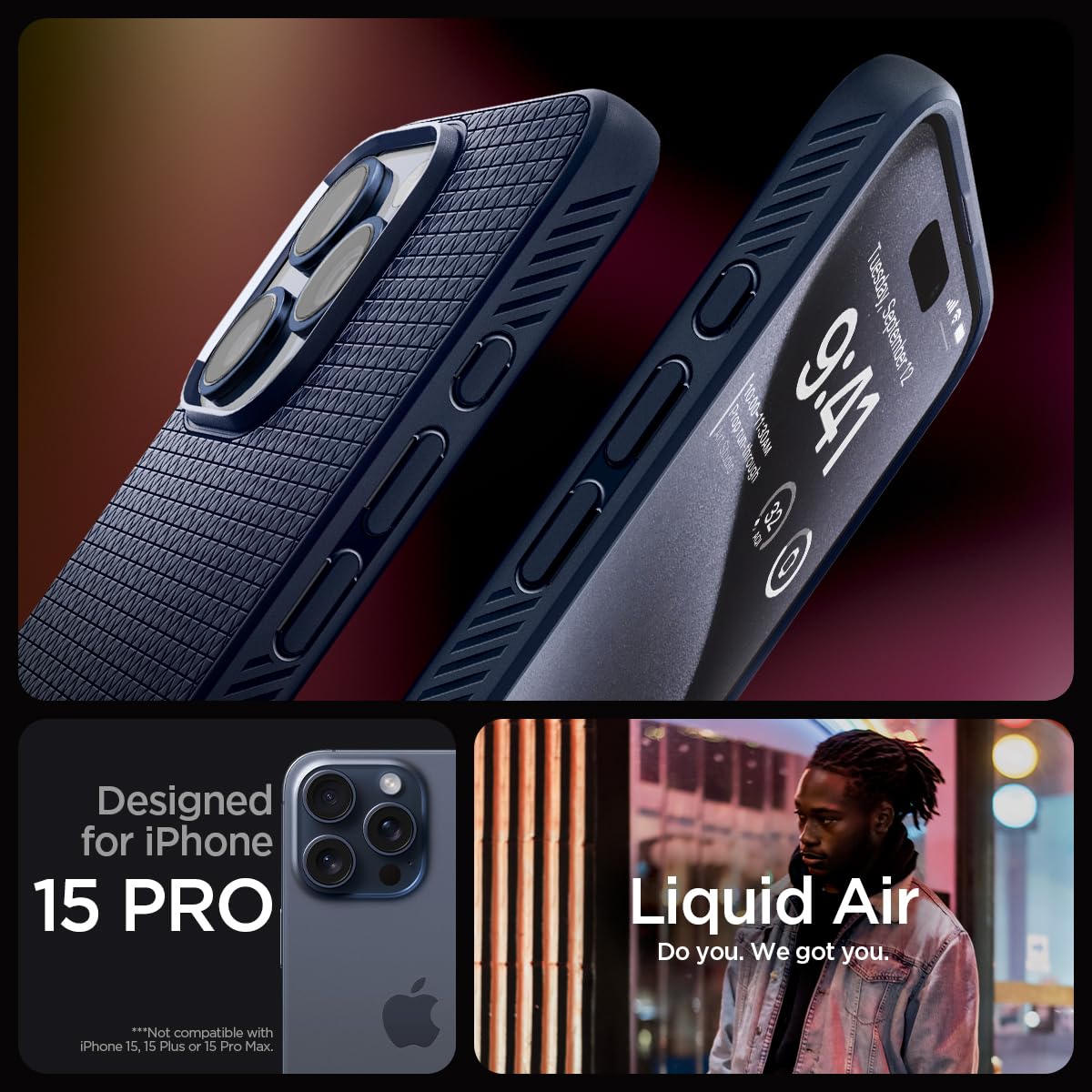 Spigen Liquid Air case for iPhone 15 Pro in Navy Blue – alternate detail 1