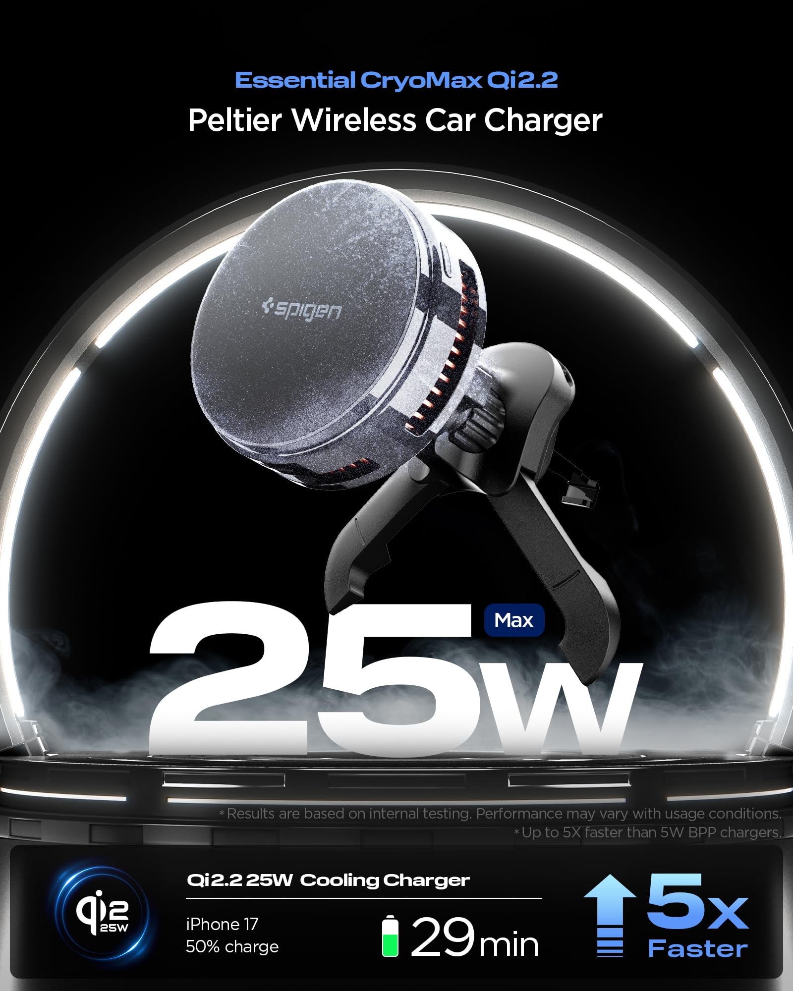 Spigen Essential CryoMax Qi2.2 25W Wireless Charger Car Mount - Black - image 2