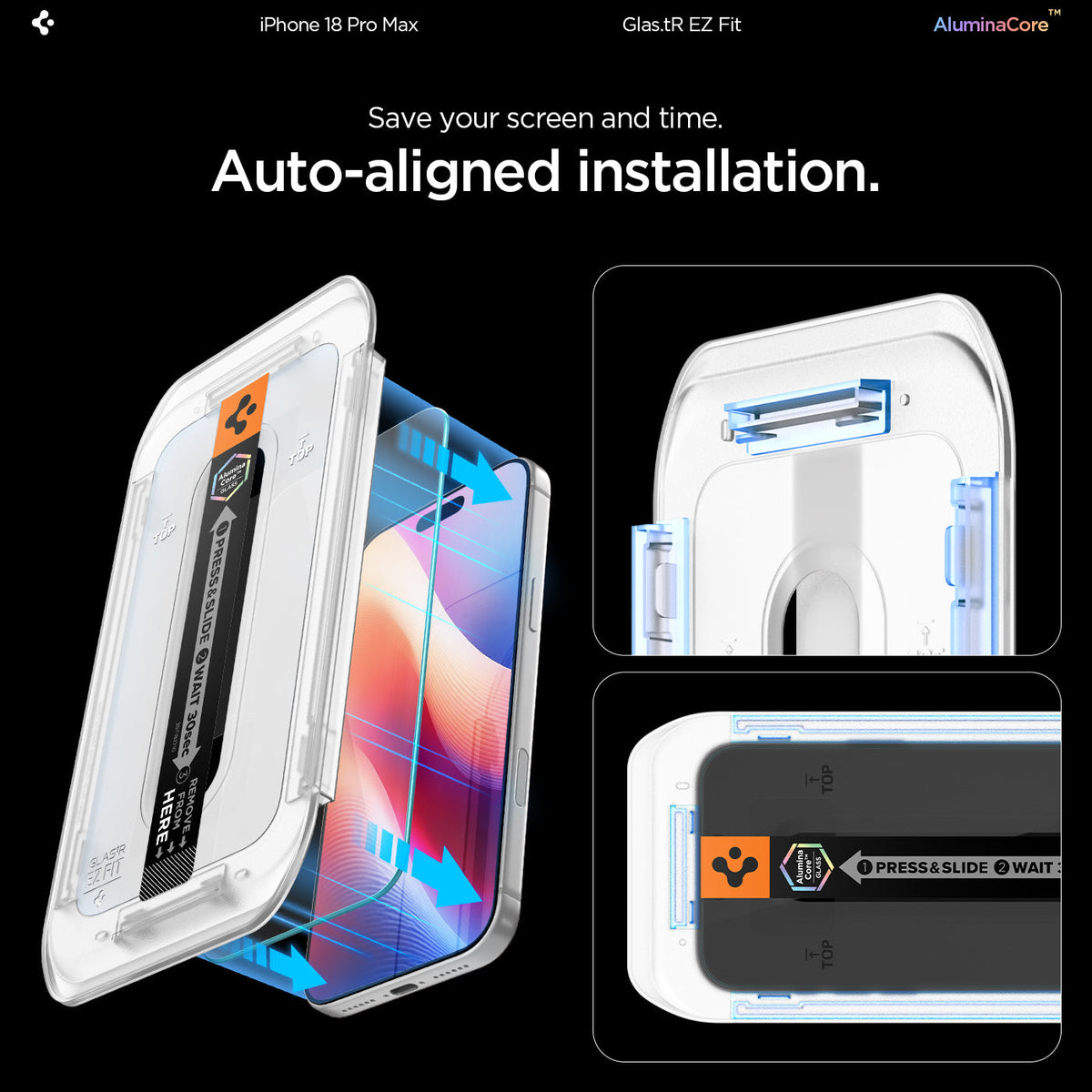 Spigen iPhone 18 Pro Max Screen Protector – GLAS.tR EZ Fit, Online Version – 2 Pack – Auto-aligned installation