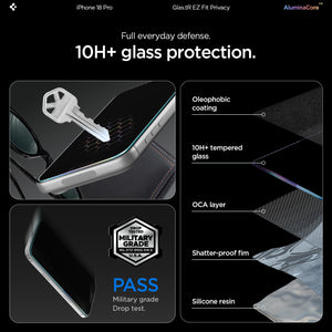 Spigen iPhone 18 Pro Max Privacy Screen Protector – GLAS.tR EZ Fit, Online Version – 2 Pack – 10H+ protection and glass layers