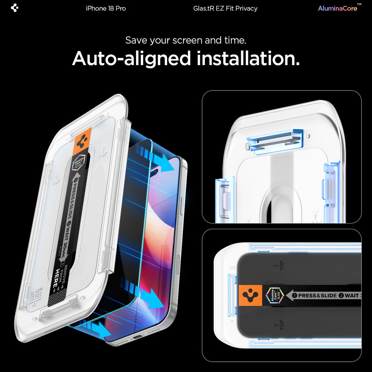 Spigen iPhone 18 Pro Max Privacy Screen Protector – GLAS.tR EZ Fit, Online Version – 2 Pack – Auto-aligned installation