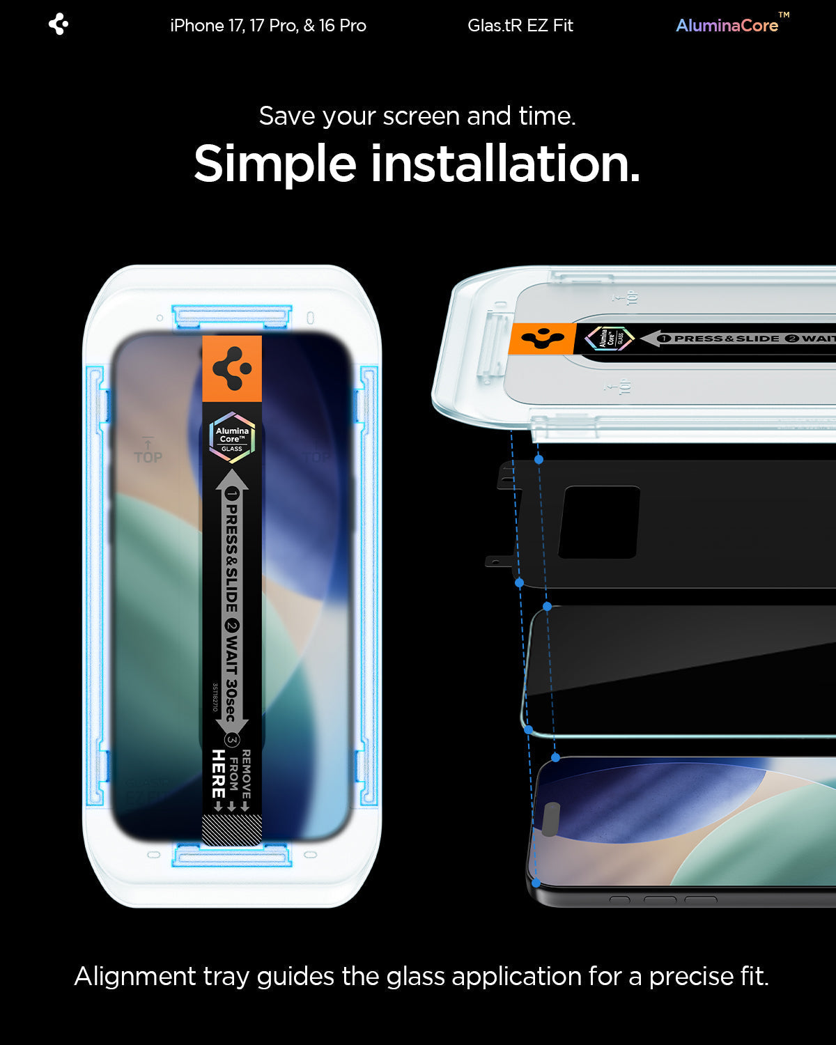Spigen iPhone 17 Pro / 17 Screen Protector – GLAS.tR EZ Fit (2 Pack) - Clear - EZ Fit installation detail