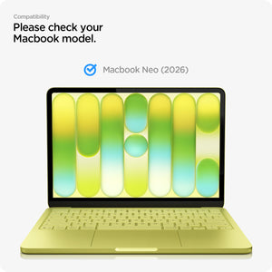 Spigen MacBook Neo 13-inch Glas.tR Slim in Clear showing please check your Macbook model