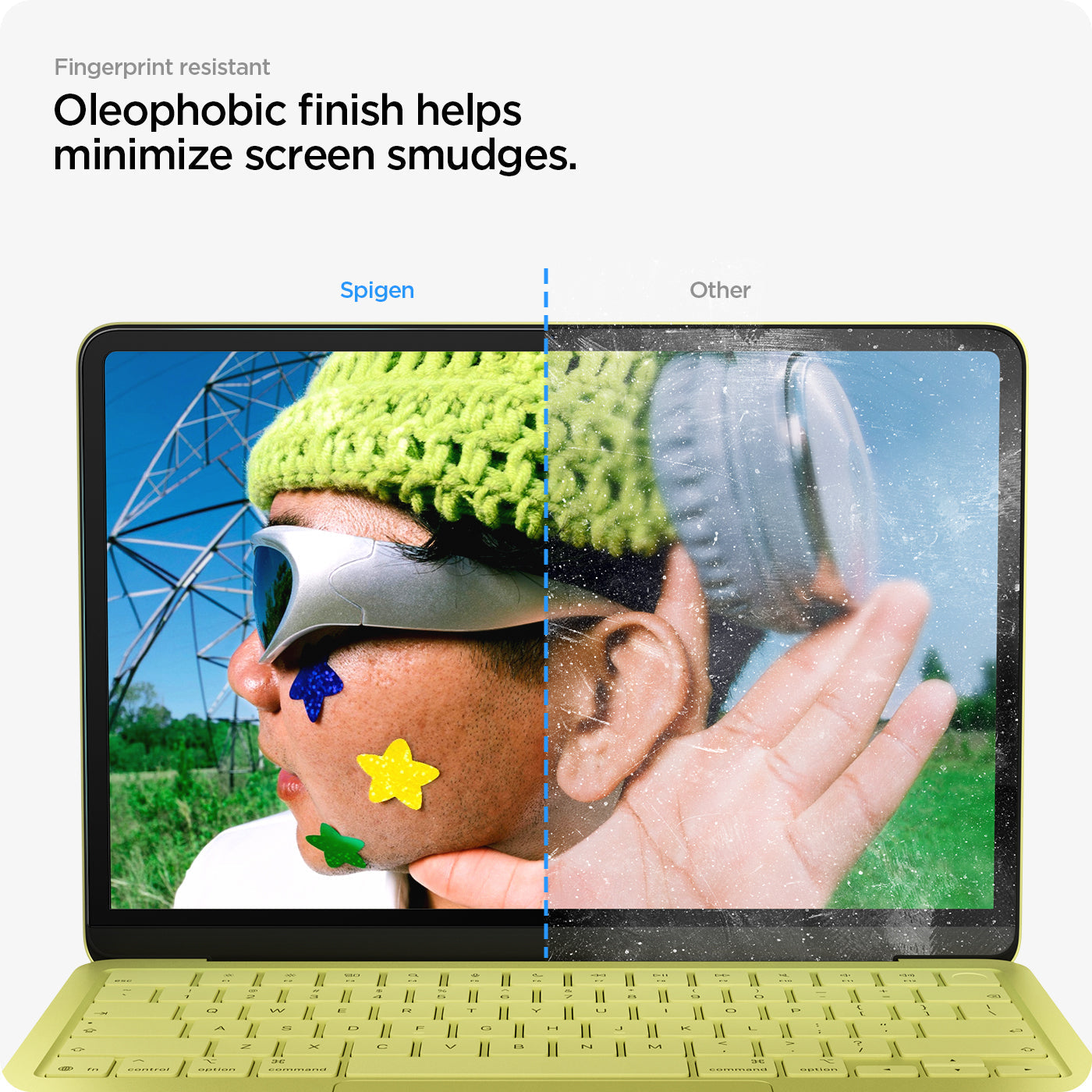 Spigen MacBook Neo 13-inch Glas.tR Slim in Clear showing oleophobic finish helps minimize screen smudges