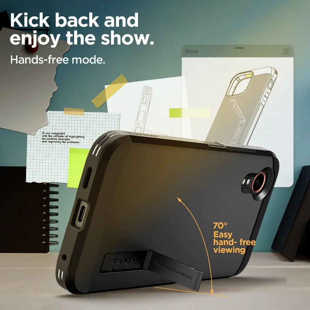 Spigen Galaxy XCover7 Case – Tough Armor — fold-out kickstand in landscape use