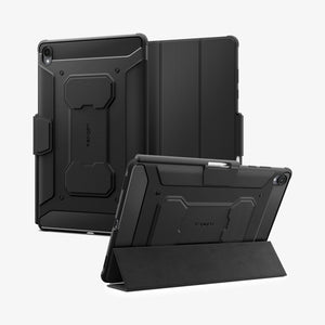 Galaxy Tab S12+ Rugged Armor Pro Black folio case, front, rear and stand views