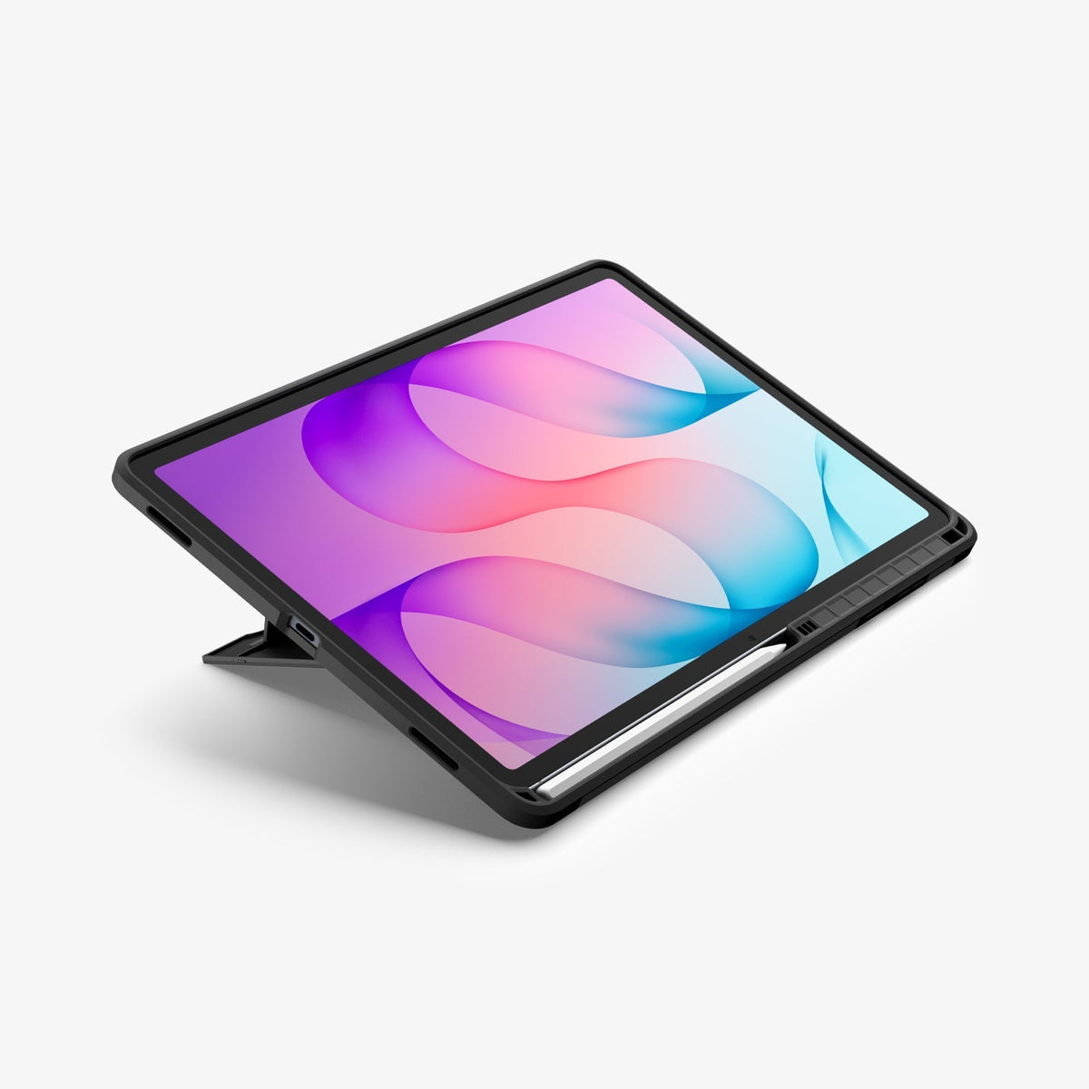 Galaxy Tab S12+ Tough Armor Pro showing the tablet case supported at a low angle by the built-in kickstand with a stylus stored along the edge.
