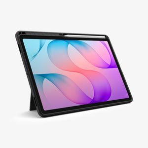 Galaxy Tab S12+ Tough Armor Pro showing the tablet case standing upright with the built-in kickstand and a stylus stored along the edge.