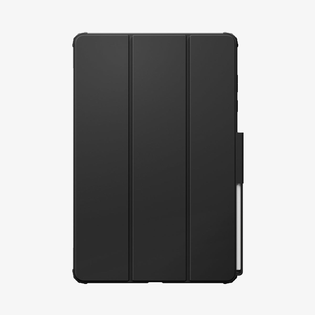 Galaxy Tab S12+ Ultra Hybrid Pro in Black showing the front of a closed folio tablet case with a tri-fold cover and stylus storage along the side.