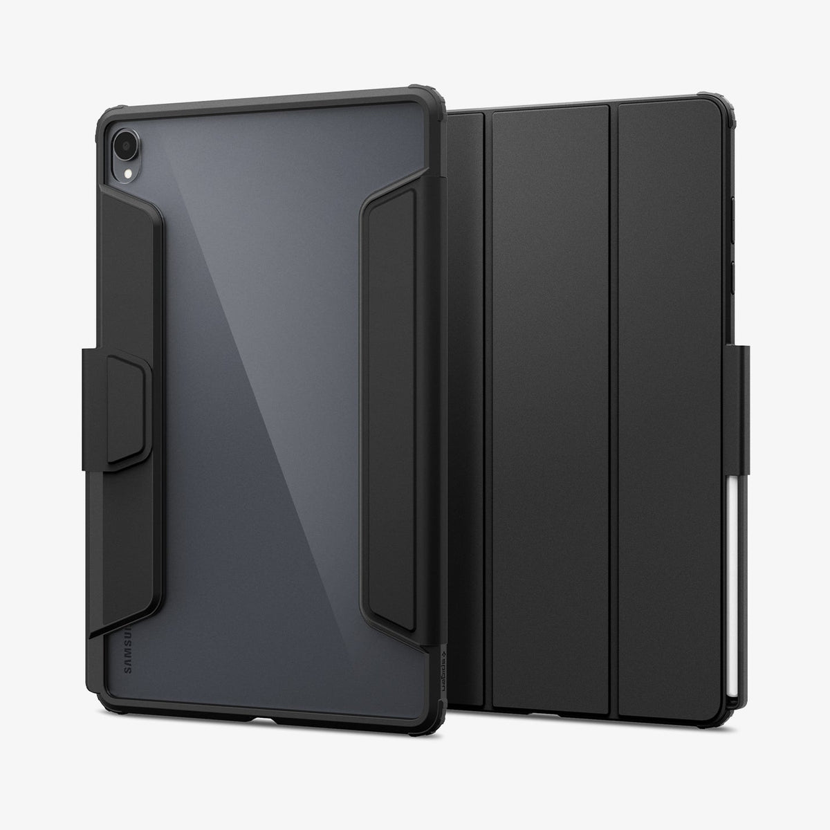 Galaxy Tab S12+ Ultra Hybrid Pro in Black showing front and back views of a folio tablet case with a transparent back panel, reinforced frame, tri-fold cover, and stylus storage.