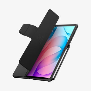 Galaxy Tab S12+ Ultra Hybrid Pro in Black showing a tablet case with the folio cover partially open and a stylus stored along the side.