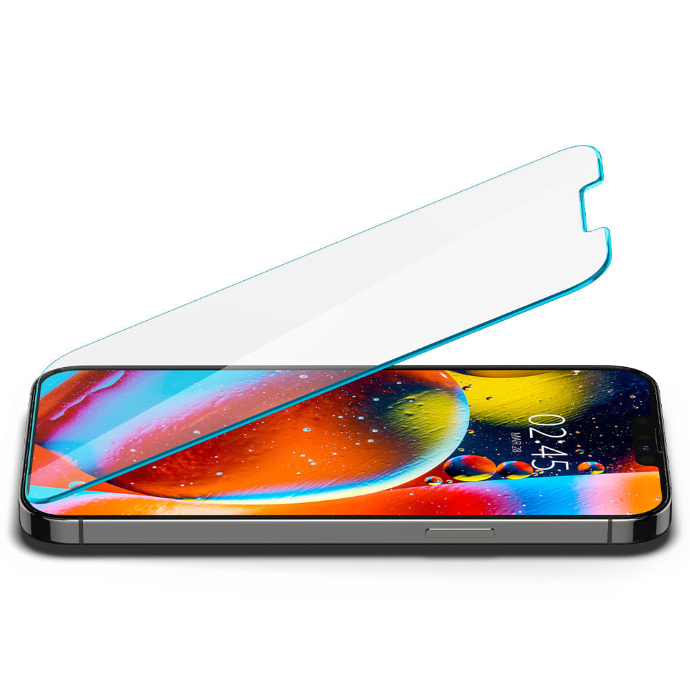 Spigen iPhone 13 Mini Screen Protector – GLAS.tR EZ Fit – tempered glass hovering above the display in landscape view