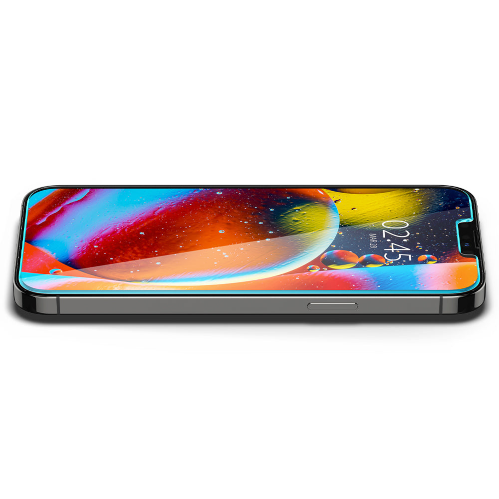 Spigen iPhone 13 Mini Screen Protector – GLAS.tR EZ Fit – installed tempered glass shown in landscape view