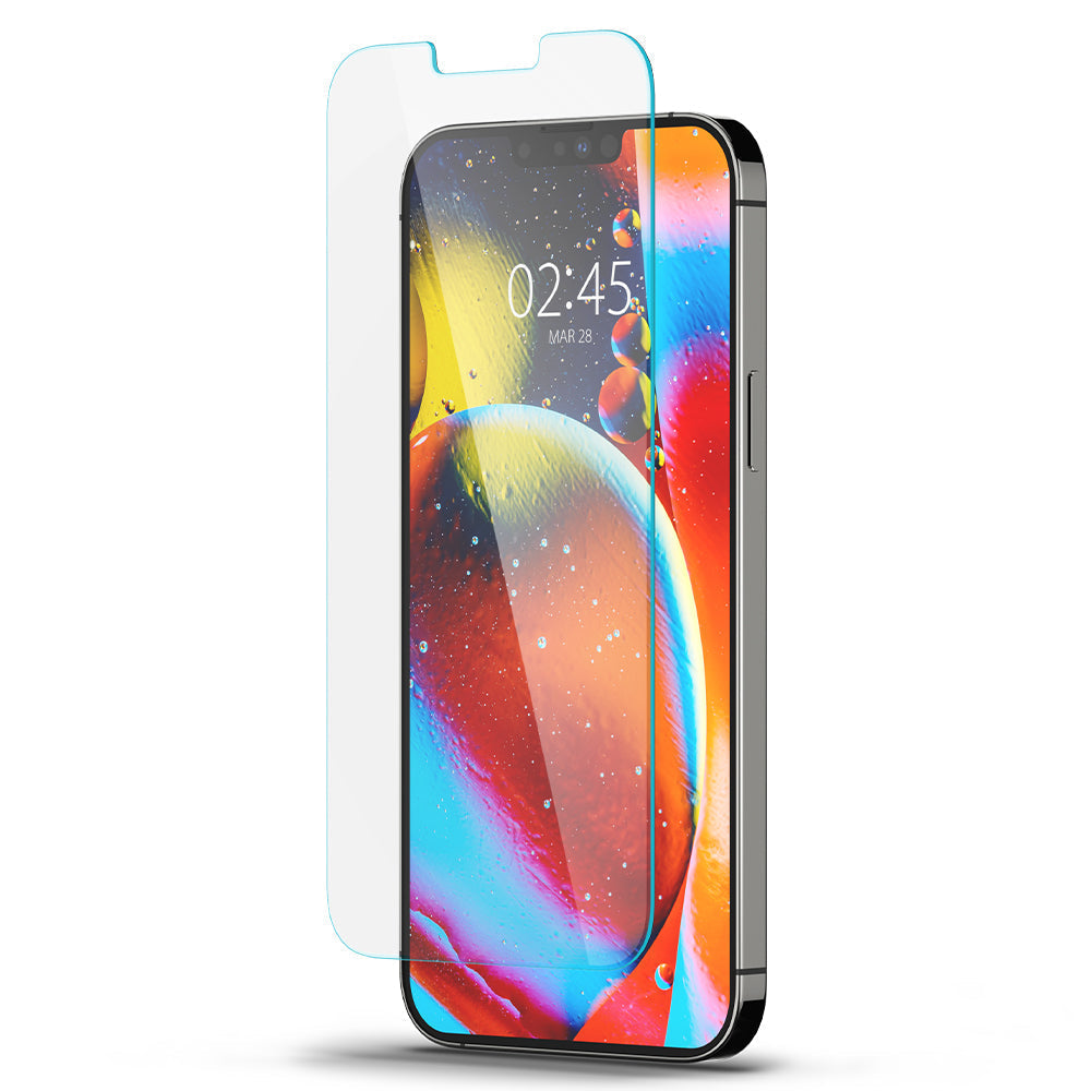 Spigen iPhone 13 Mini Screen Protector – GLAS.tR EZ Fit – tempered glass aligned over the iPhone 13 Mini display