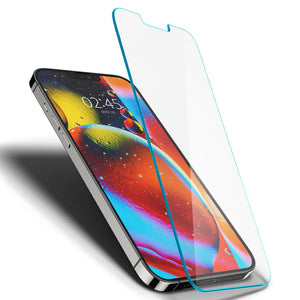Spigen iPhone 13 Mini Screen Protector – GLAS.tR EZ Fit – angled view of the tempered glass above the display