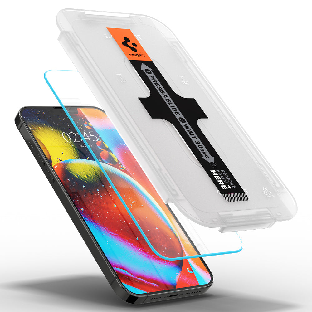 Spigen iPhone 13 Mini Screen Protector – GLAS.tR EZ Fit – EZ Fit tray and tempered glass positioned over the phone