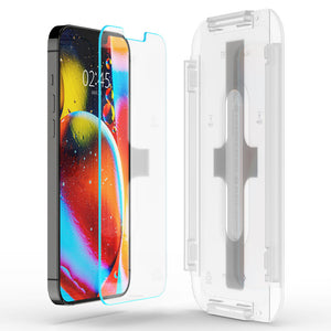 Spigen iPhone 13 Mini Screen Protector – GLAS.tR EZ Fit – front view of the tempered glass with the EZ Fit tray