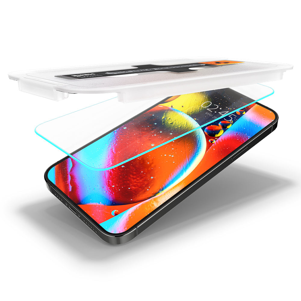 Spigen iPhone 13 Mini Screen Protector – GLAS.tR EZ Fit – EZ Fit tray and tempered glass installation layout