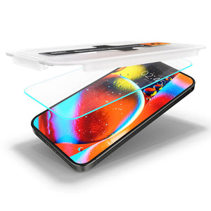 Spigen iPhone 13 Mini Screen Protector – GLAS.tR EZ Fit – EZ Fit tray and tempered glass installation layout