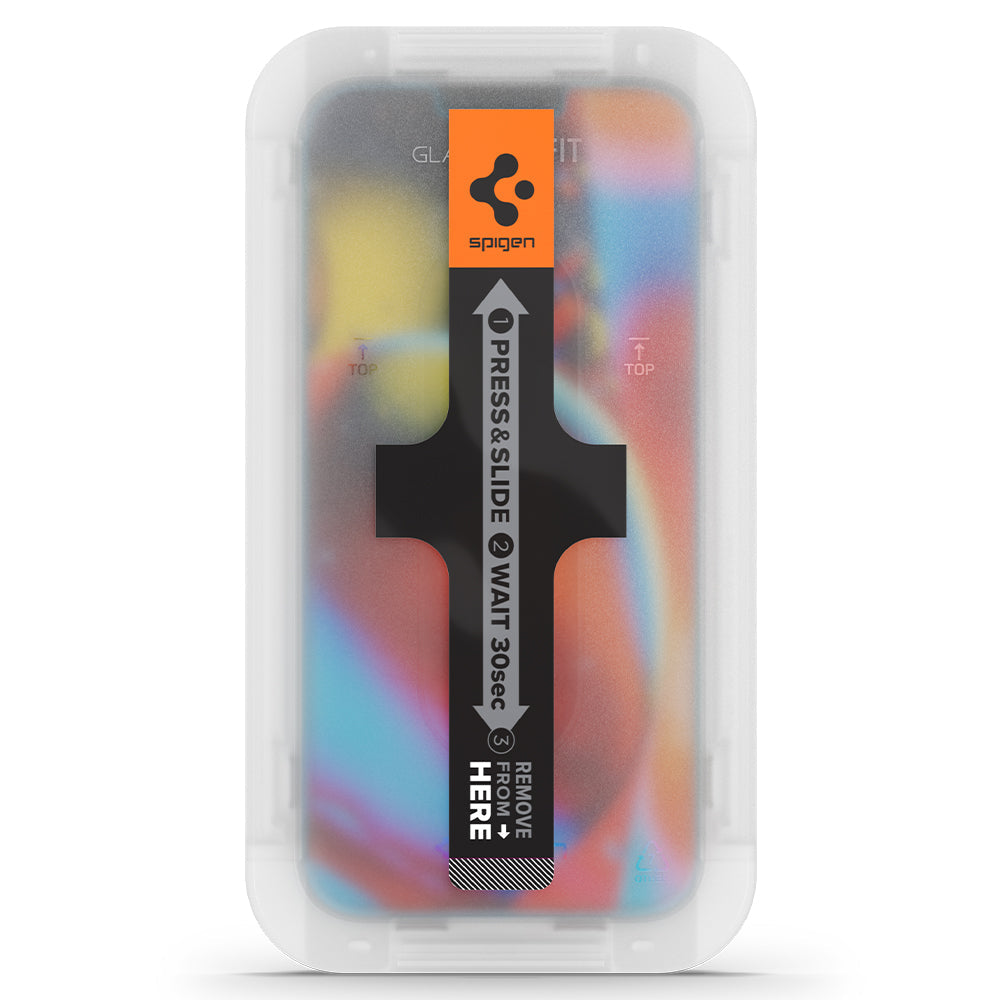 Spigen iPhone 13 Mini Screen Protector – GLAS.tR EZ Fit – EZ Fit alignment tray with press-and-slide application label