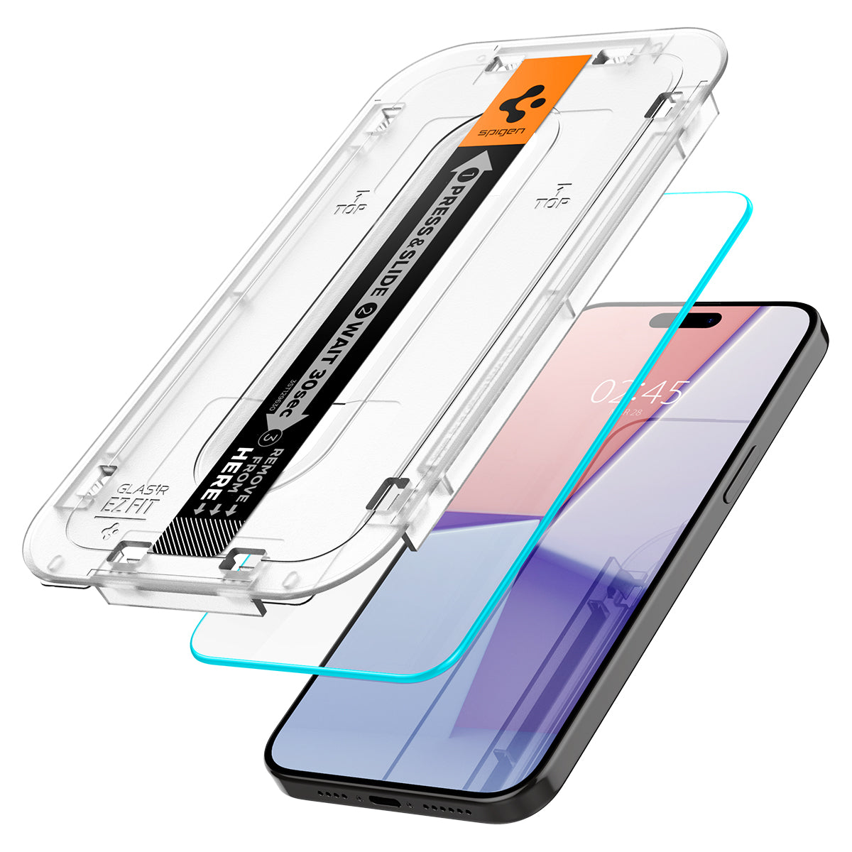 Spigen iPhone 15 Pro Max Screen Protector – GLAS.tR EZ Fit – alignment tray and tempered glass positioned above the display