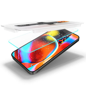 Spigen iPhone 13 Mini Screen Protector – GLAS.tR EZ Fit – close-up of the EZ Fit tray and tempered glass above the screen