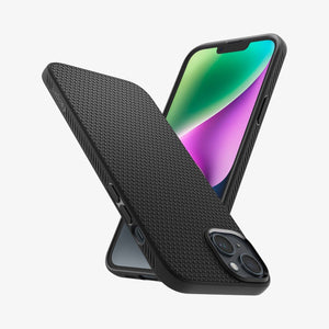 Spigen iPhone 14 Case – Liquid Air - Matte Black - back, side and front views