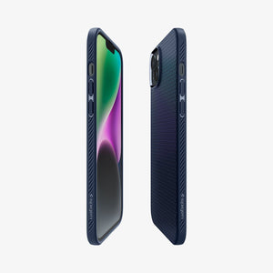 Spigen iPhone 14 Case – Liquid Air - Navy Blue - side, partial back and front views