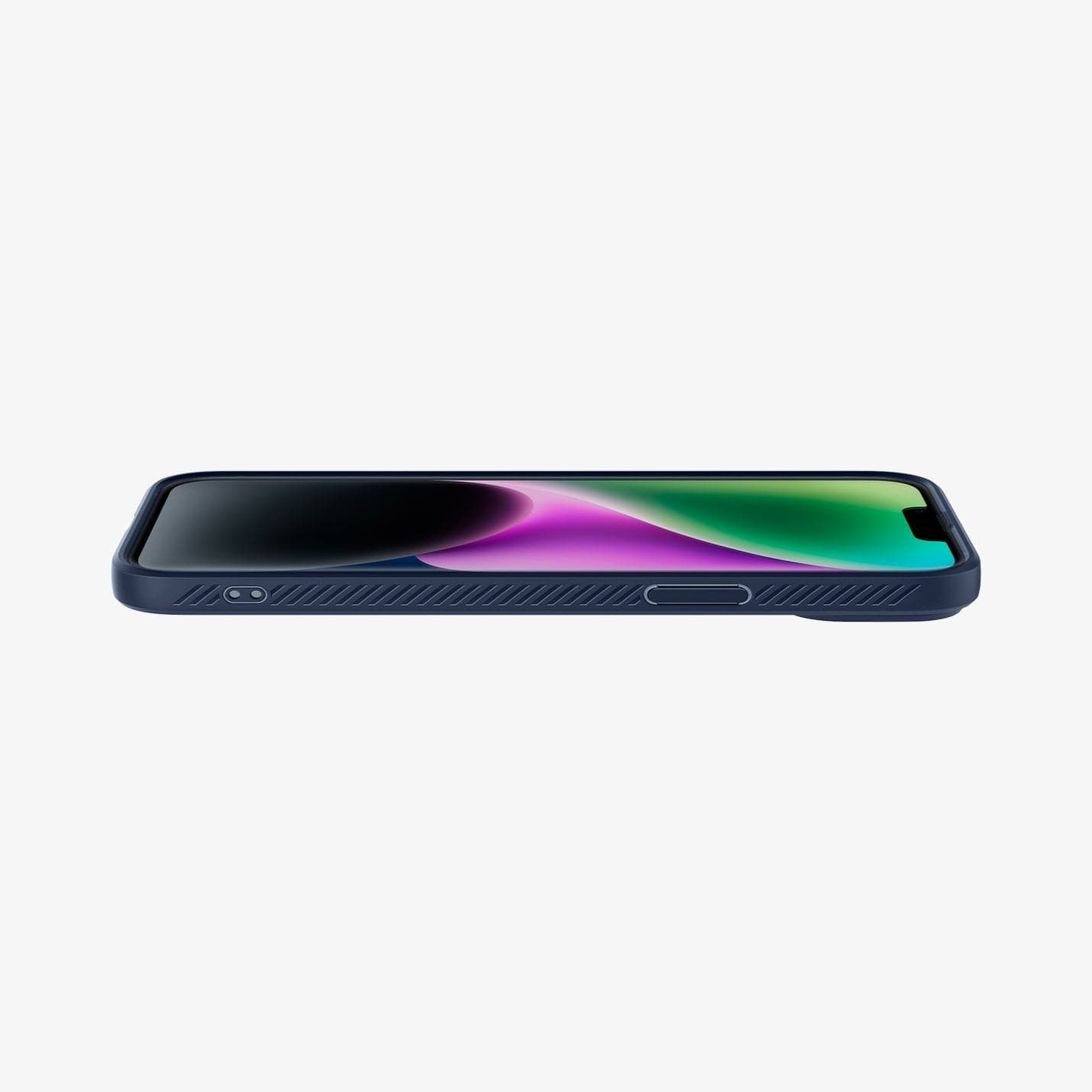 Spigen iPhone 14 Case – Liquid Air - Navy Blue - front and side profile while lying flat