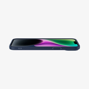 Spigen iPhone 14 Case – Liquid Air - Navy Blue - front and side profile while lying flat