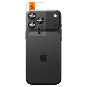 Spigen iPhone 17 Pro Max / 17 Pro Lens Protector – Optik Pro EZ Fit - Crystal Clear - alignment tray installed on device