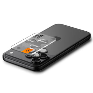 Spigen iPhone 17 Pro Max / 17 Pro Lens Protector – Optik Pro EZ Fit - Black - alignment tray positioned above the camera lenses