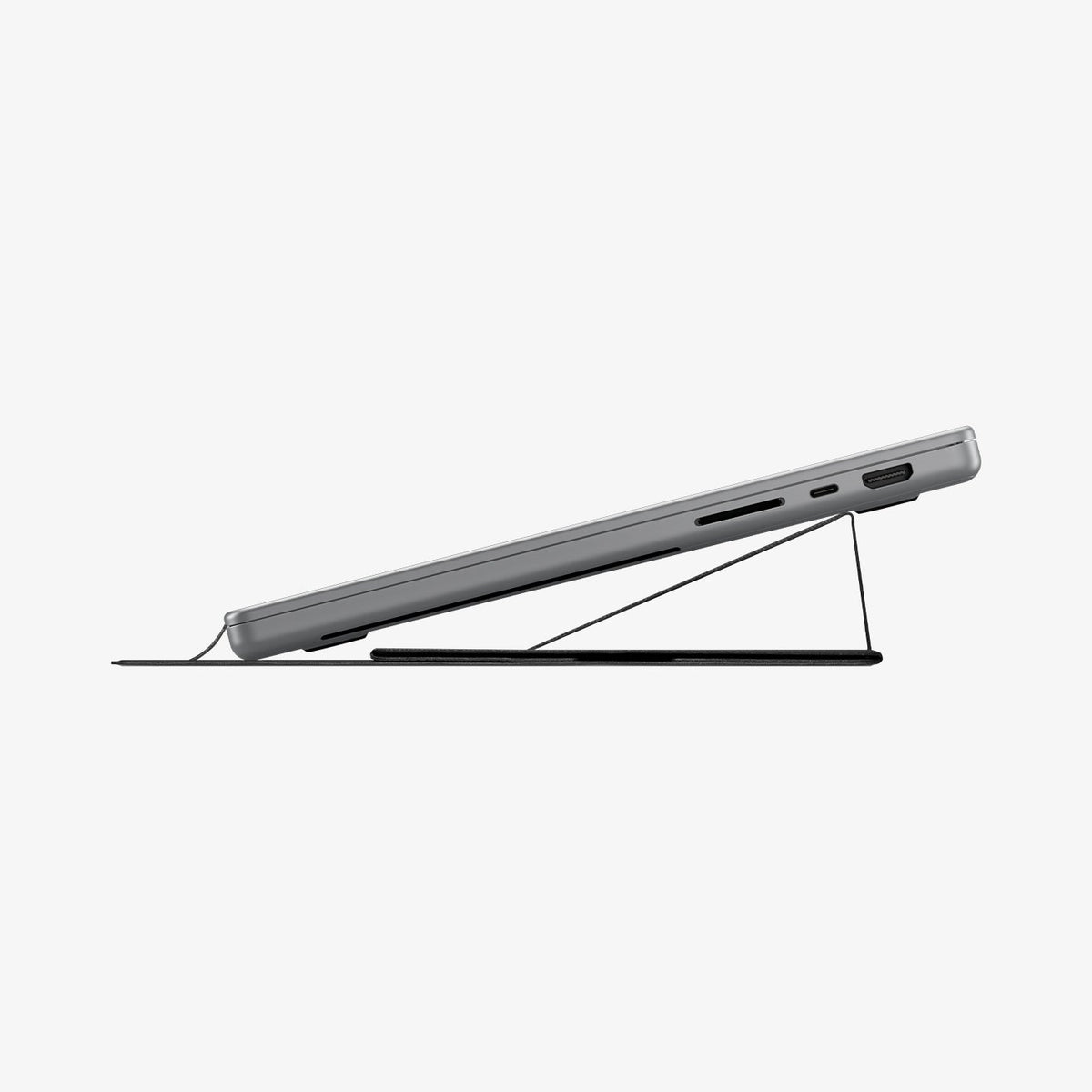 AMP11117 - Slim Fold Laptop Stand | Non-Adhesive | Black LD201-S8 showing side view of Macbook laptop closed propped up at low angle