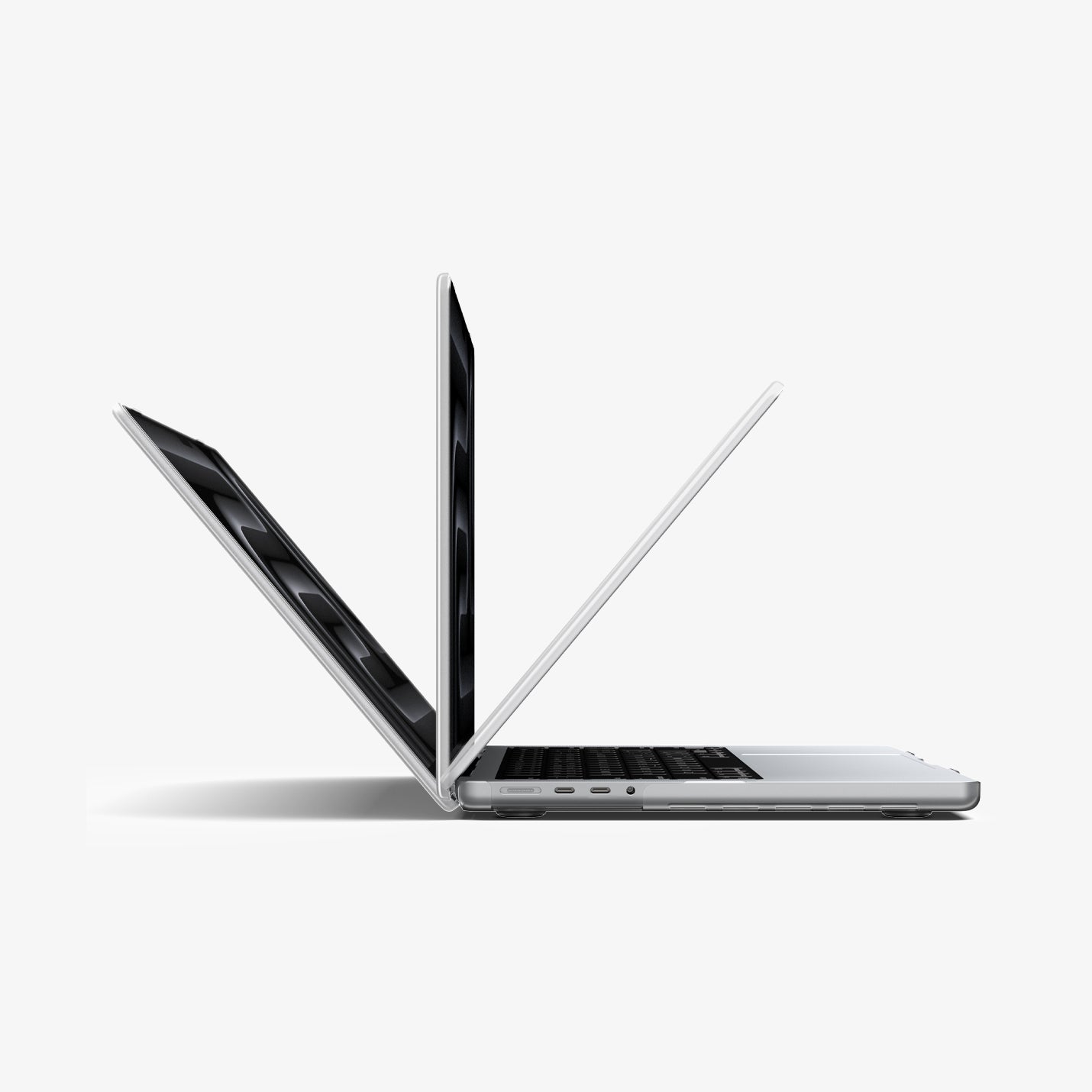Spigen MacBook Pro 14-inch Air Skin in Frost Clear showing three MacBook units opened at different angles to demonstrate the case allows full range of motion beyond 90 degrees