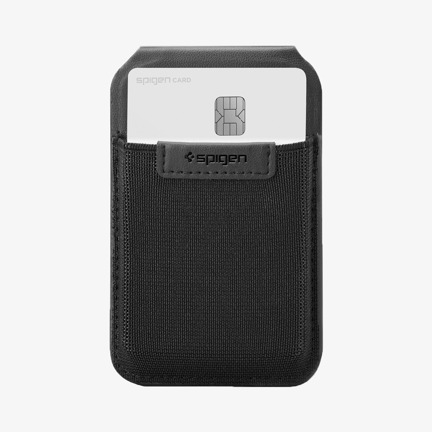 Front view of the Spigen Slim Fold MagFit Black wallet with a card