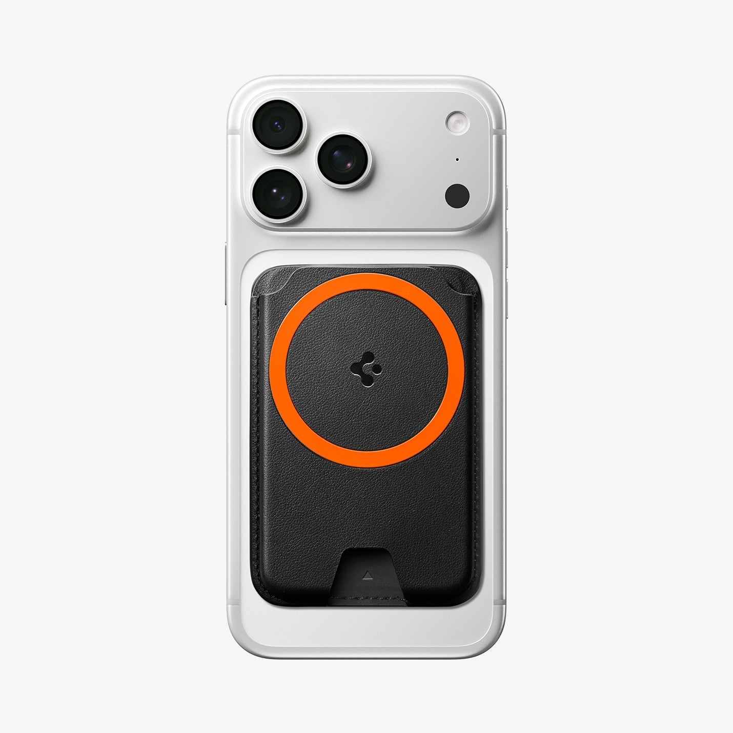 Spigen Valentinus MagFit+ five-card wallet mounted on a clear iPhone case