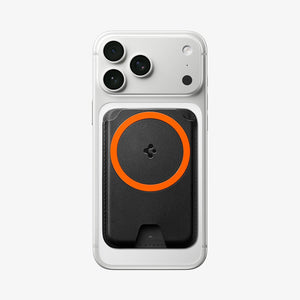 Spigen Valentinus MagFit+ five-card wallet mounted on a clear iPhone case