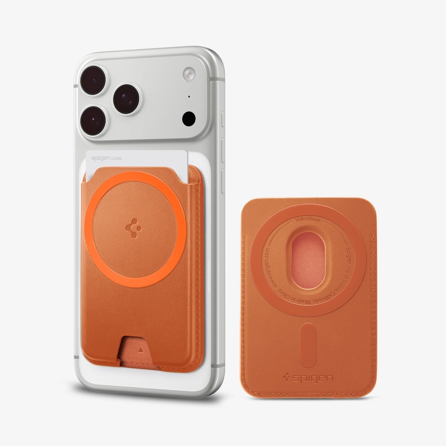 Spigen Valentinus MagFit+ three-card MagSafe wallet in Metallic Orange attached to an iPhone