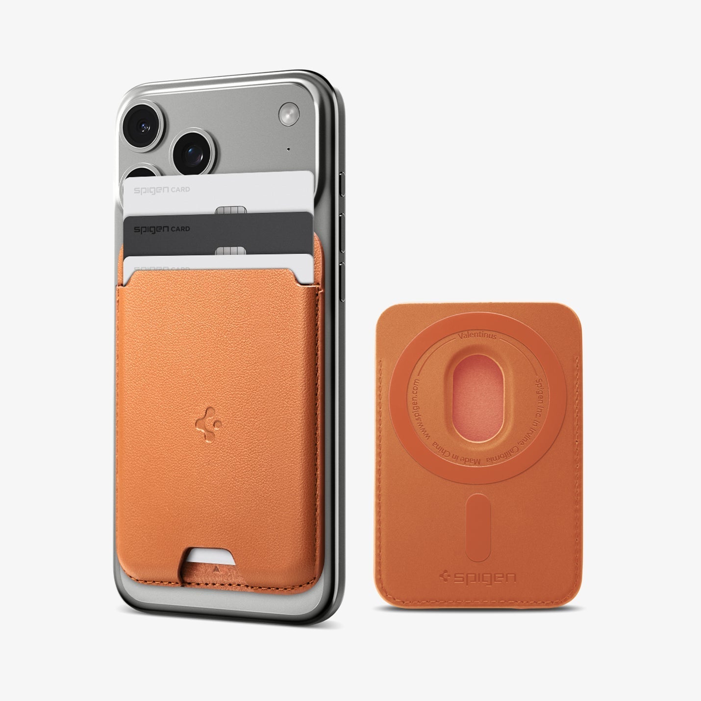 Spigen Valentinus MagFit three-card MagSafe wallet in Metallic Orange attached to an iPhone