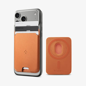 Spigen Valentinus MagFit three-card MagSafe wallet in Metallic Orange attached to an iPhone