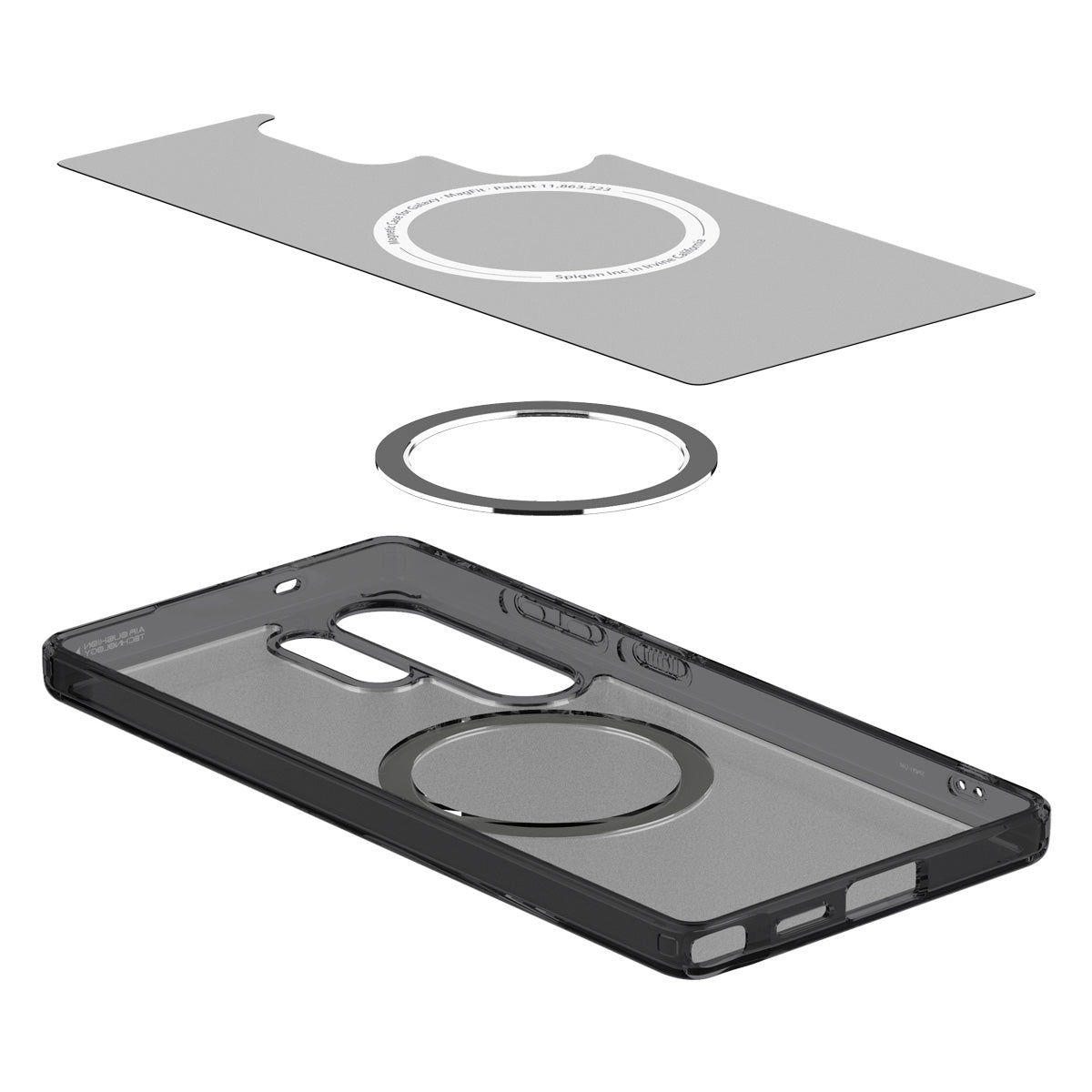 Spigen Galaxy S25 Ultra Ultra Hybrid MagFit case in Frost Black - exploded magnetic ring and case layers