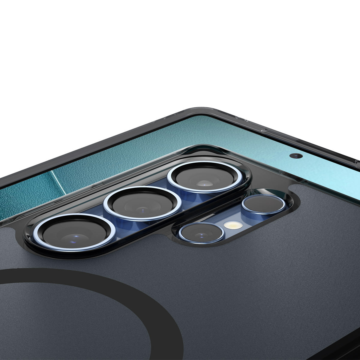 Spigen Galaxy S25 Ultra Ultra Hybrid MagFit case in Frost Black - close-up of raised camera protection