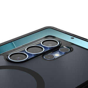 Spigen Galaxy S25 Ultra Ultra Hybrid MagFit case in Frost Black - close-up of raised camera protection