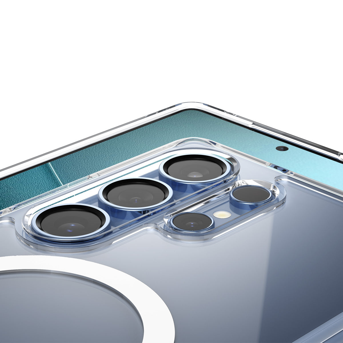 Spigen Galaxy S25 Ultra Ultra Hybrid MagFit case in Clear White - close-up of raised camera protection