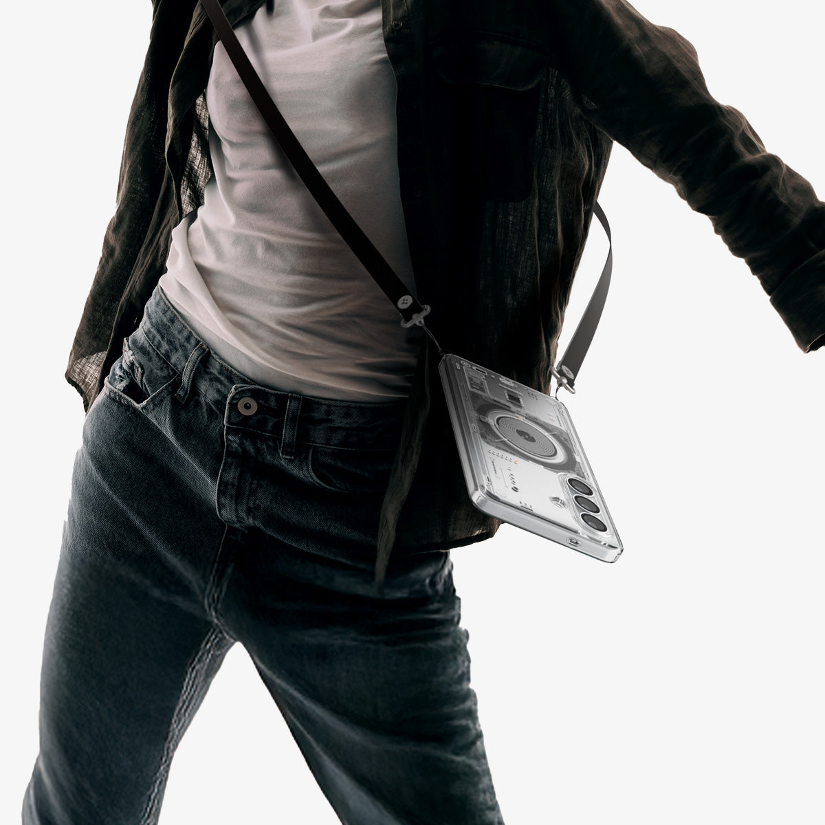 Spigen Galaxy S26 Plus Case Ultra Hybrid Neo One (Mag Fit) showing person wearing device and case with strap