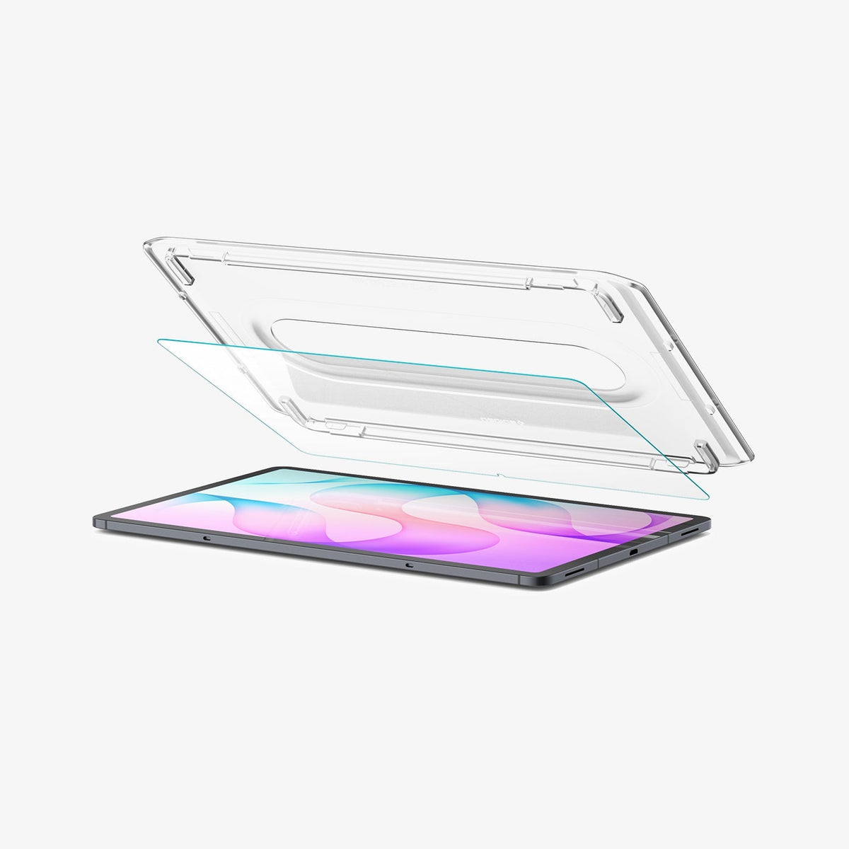 Galaxy Tab S12+ Glas.tR EZ Fit Pro showing the screen protector aligned above the tablet with the clear installation tray for precise placement.