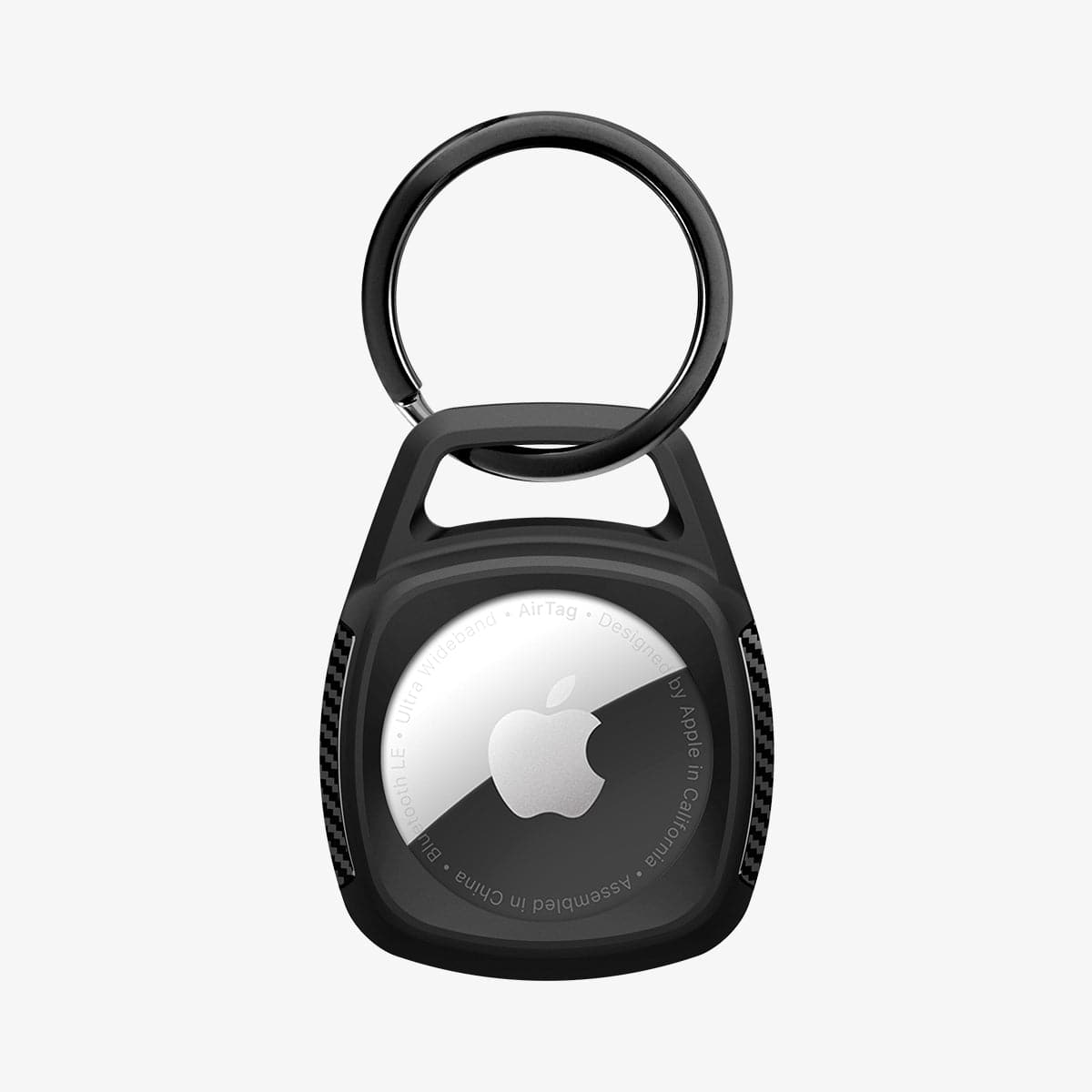 AMP01565 - AirTag Case Rugged Armor showing the front and side with carabiner opened