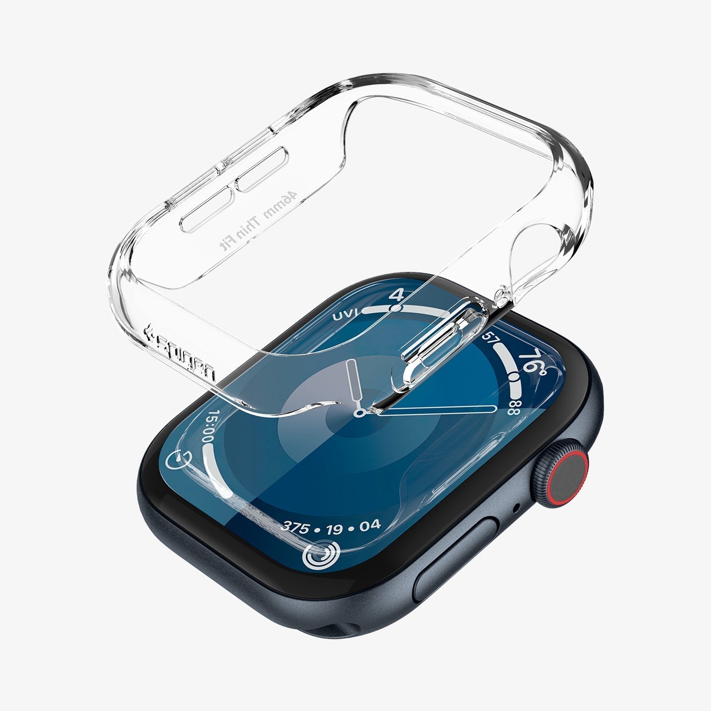 ACS08589 - Apple Watch Series 11 / 10 (42mm) Case Thin Fit in Crystal Clear showing the front detached, hovering above the apple watch 